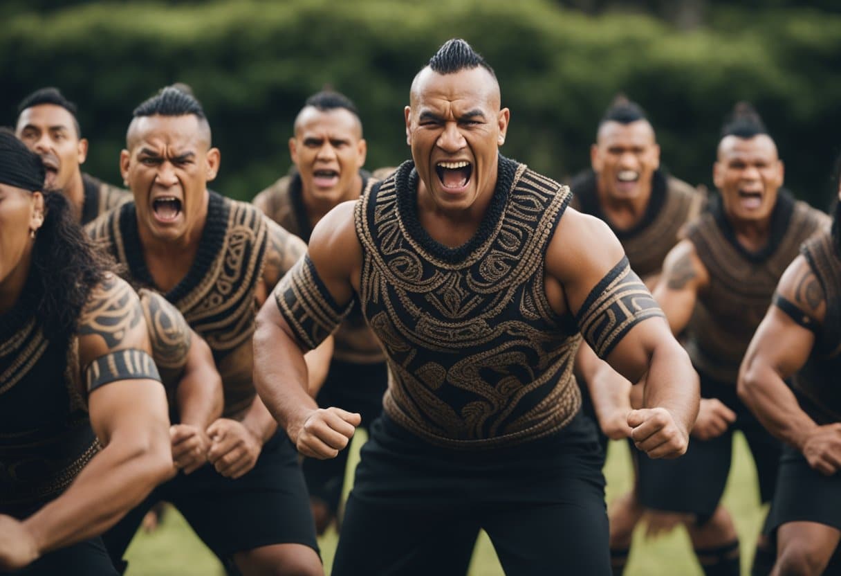 The Maori Haka: A group of figures performing the Maori Haka with intense facial expressions and powerful body movements, representing the unity and identity of the Maori people