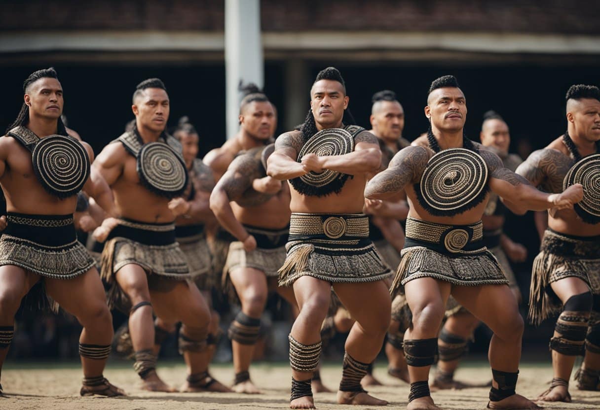 A group of Maori warriors perform the Haka, their faces contorted in fierce expressions, and their bodies moving in synchronized and powerful movements, representing their unity, strength, and cultural identity