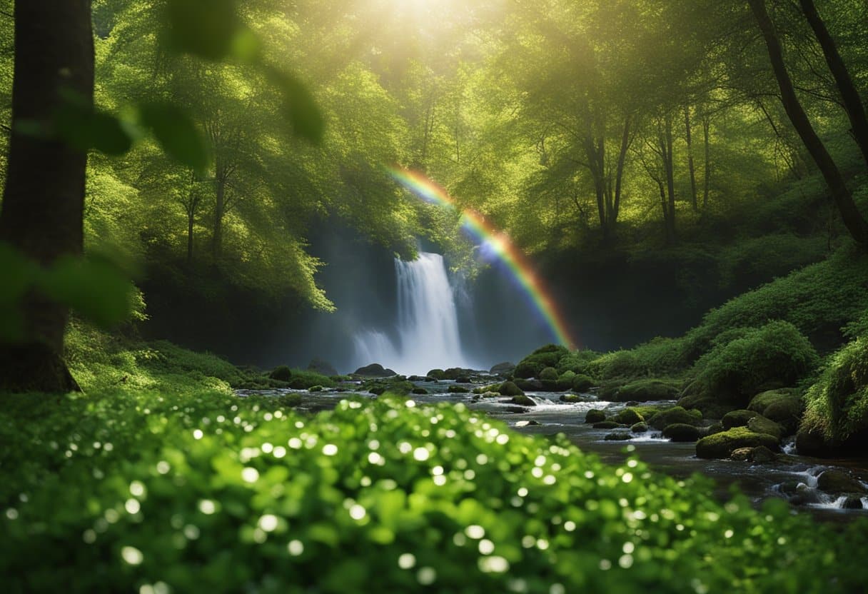 Legends of the Leprechaun - A lush green forest with a rainbow arcing over a bubbling brook, where a mischievous leprechaun is seen dancing among the clovers