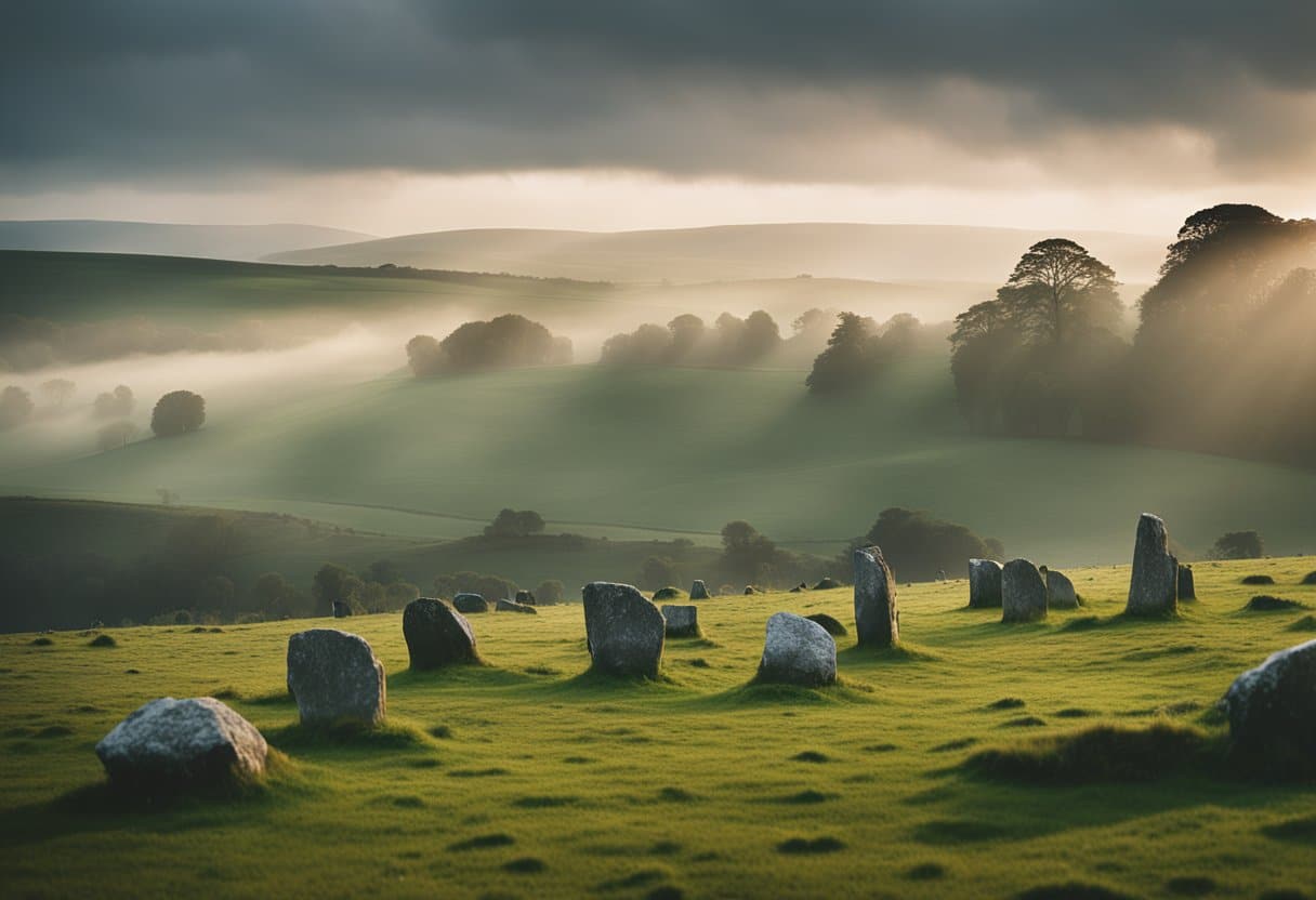 Druidism - A serene Irish countryside with ancient stone circles, misty forests, and a modern-day Celtic ritual gathering