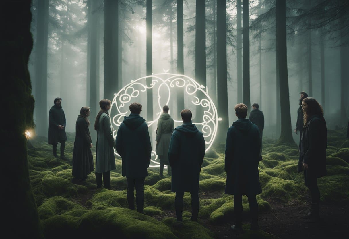 Druidism - A serene forest clearing with ancient Celtic symbols etched into the trees and a misty, otherworldly aura. A group of people gather in a circle, engaging in ritualistic practices
