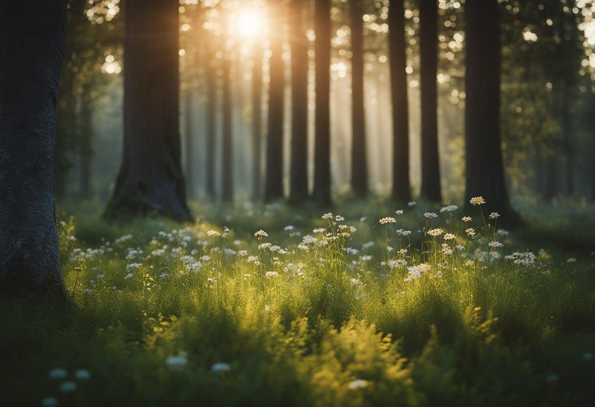 Druidism - A serene forest clearing with a stone circle, surrounded by ancient trees and wildflowers, under the soft glow of the setting sun
