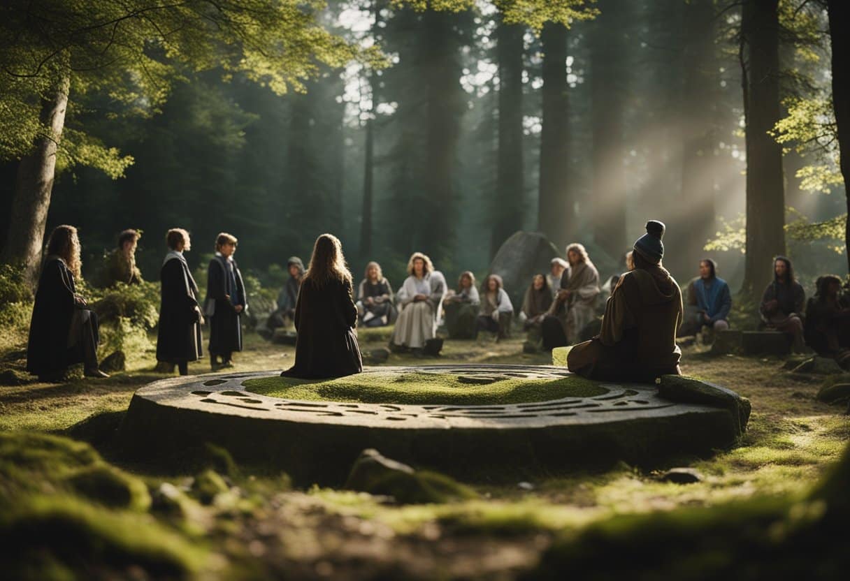 Druidism - A group of people gather in a forest clearing, surrounded by ancient stone circles and mystical symbols. They engage in ritualistic ceremonies, honoring the natural world and ancient Celtic traditions