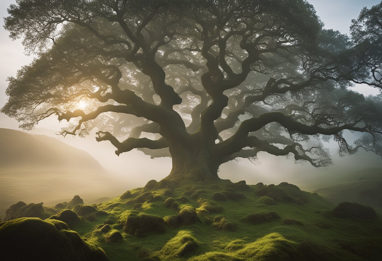 Druidism - A grove of ancient oak trees stands tall, surrounded by misty hills and flowing rivers, symbolizing the enduring influence of Druidic spirituality on modern Ireland