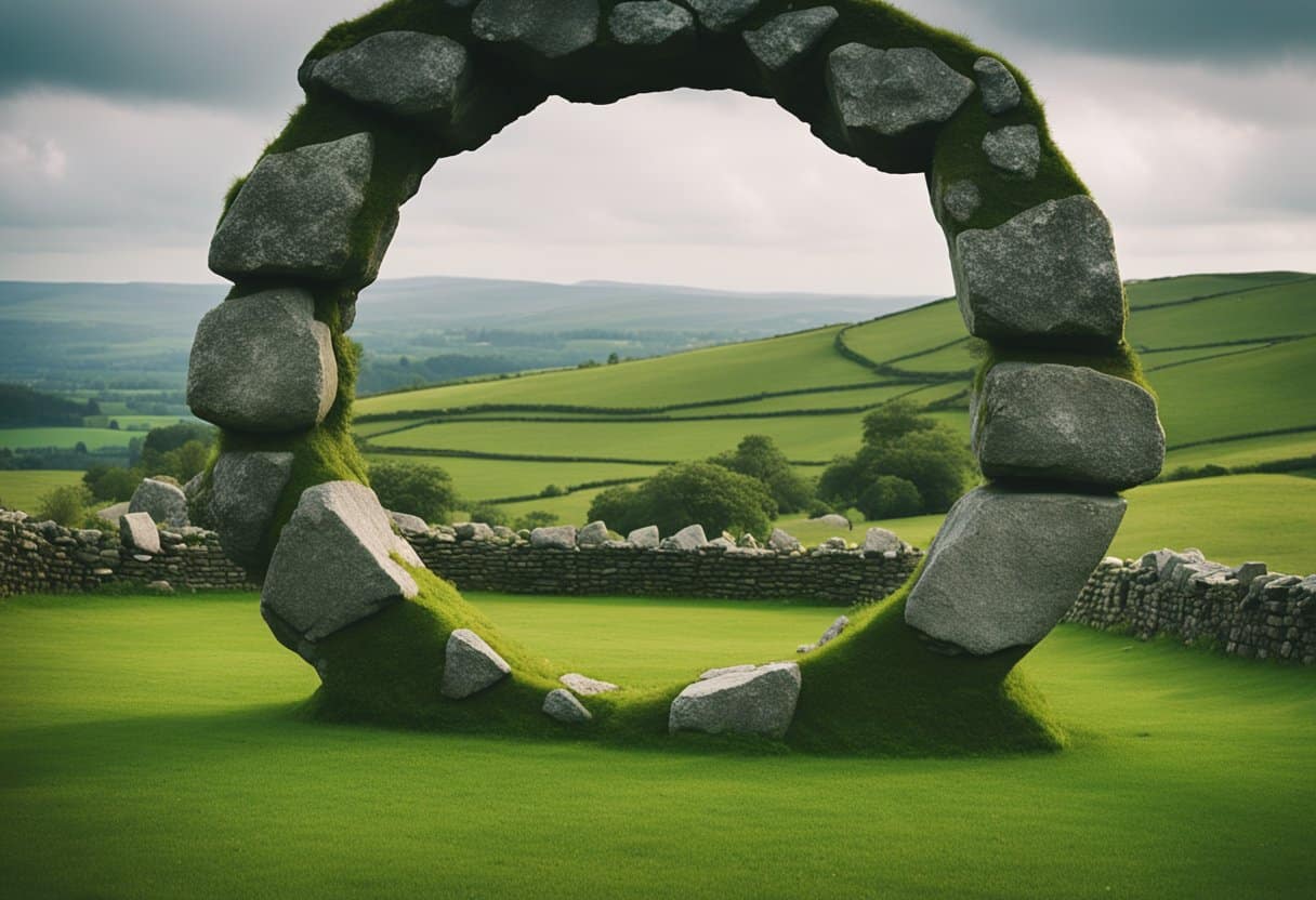 Druidism - The ancient stone circle stands amidst lush green hills, symbolizing the enduring influence of Druidic spirituality on modern Irish beliefs and practices