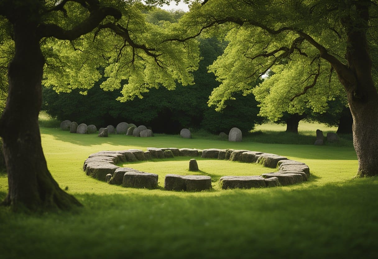 Druidism - A group of ancient stone circles surrounded by lush greenery, with a solitary oak tree standing tall in the center, symbolizing the enduring influence of Druidism on Irish spirituality