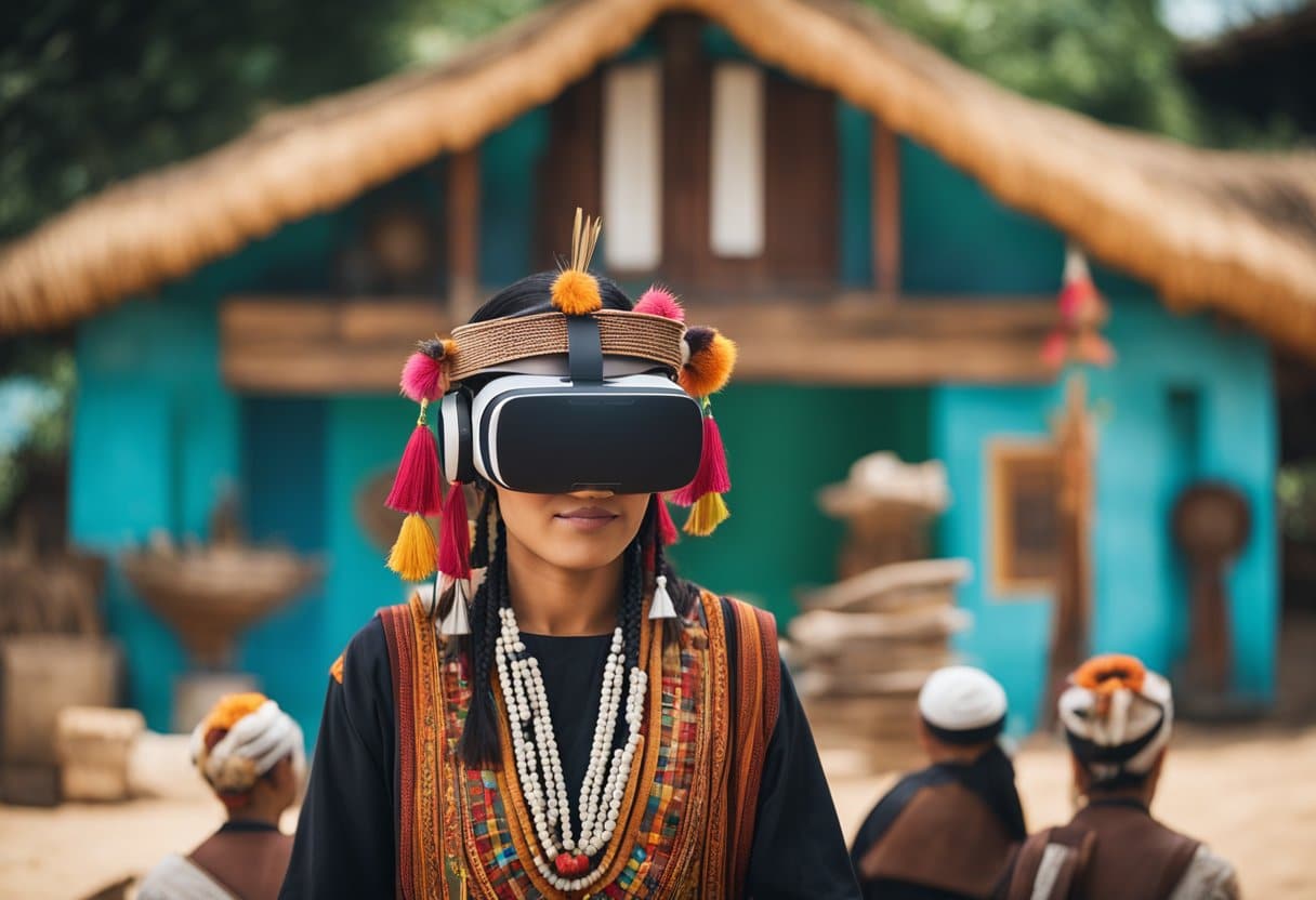 A virtual reality headset displays a vibrant, traditional village. Indigenous artifacts and rituals are digitally preserved for future generations