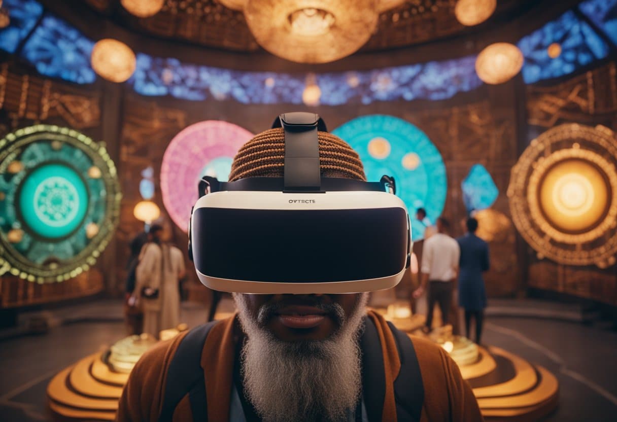 A diverse group of people from different cultures interact through VR, surrounded by vibrant, endangered cultural symbols and artifacts