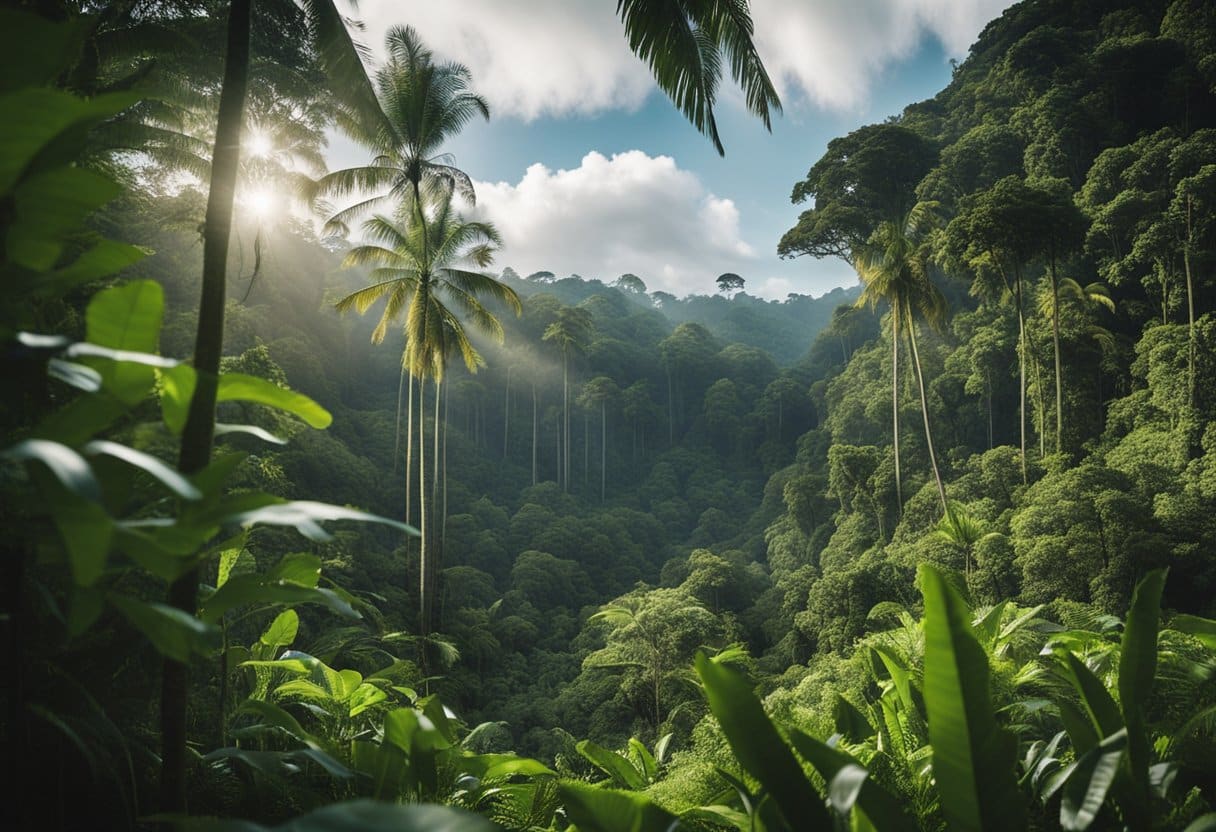 A lush rainforest with vibrant wildlife and indigenous villages, surrounded by advanced technology and virtual reality equipment