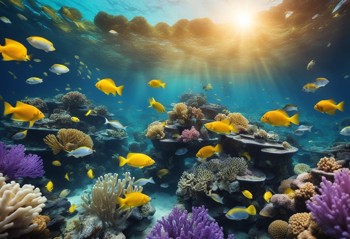 Vibrant coral reefs teeming with colorful fish, surrounded by crystal-clear waters and swaying seaweed. A virtual reality headset hovers above, showcasing the urgent need to preserve endangered underwater cultures
