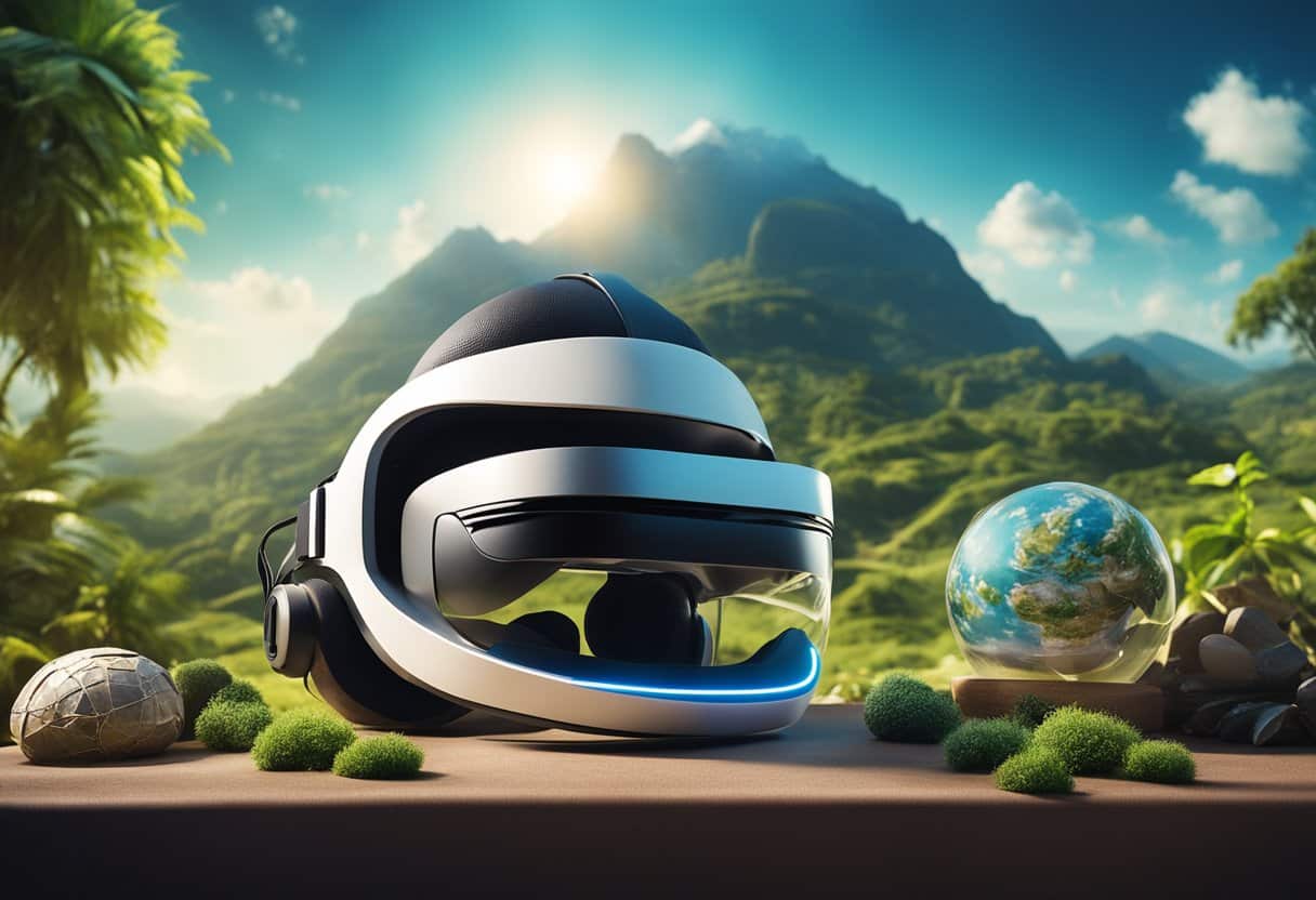 A futuristic VR headset surrounded by vibrant cultural artifacts and lush environmental landscapes