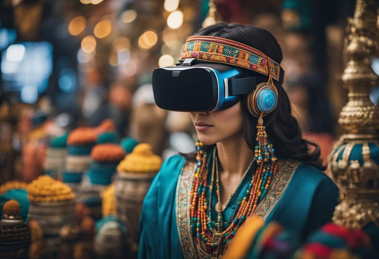 A virtual reality headset transports the viewer to a vibrant, endangered culture. Traditional music, colorful textiles, and intricate artwork surround them, evoking a sense of empathy and urgency to preserve these rich traditions
