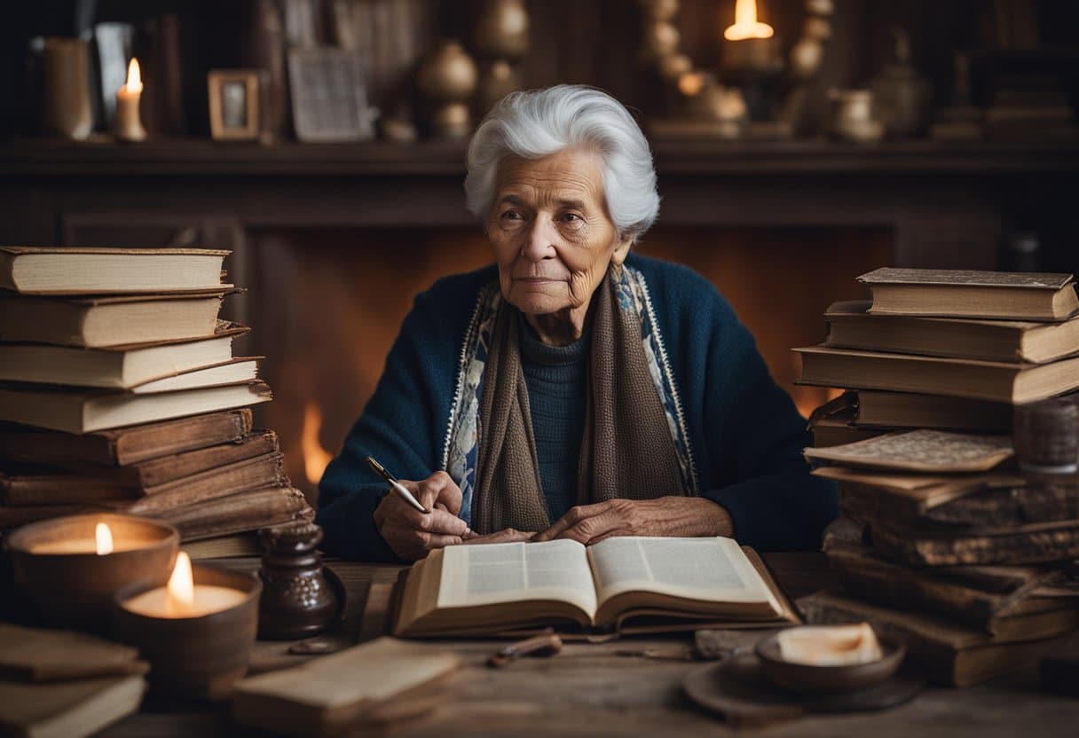 An elderly woman sits by a crackling fire, surrounded by books and papers. She is deep in thought, pen in hand, as she works to preserve and revitalize her indigenous language