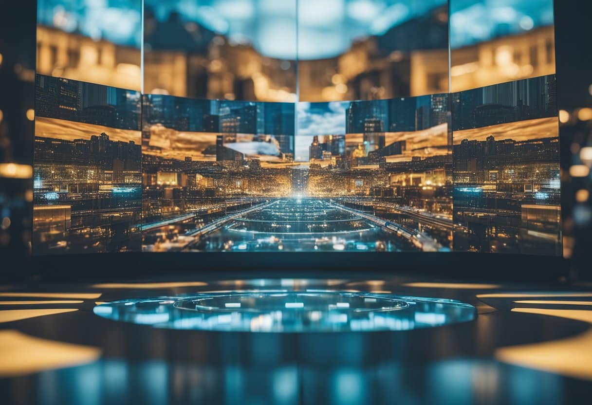 A virtual world split in two: one side vibrant and original, the other dull and copied. A central object, half real, half digital, surrounded by conflicting claims