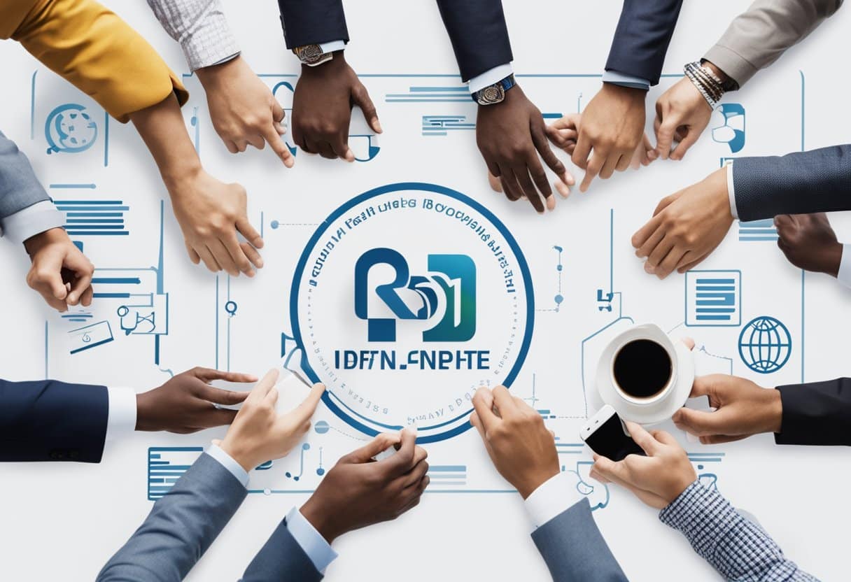 A tech company logo and a cultural platform logo shaking hands on a contract, surrounded by a diverse group of people smiling and collaborating