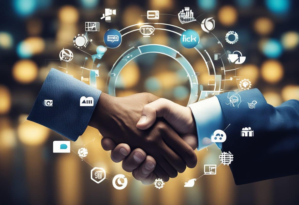 Cultural and tech logos merging in a handshake, symbolizing successful partnership
