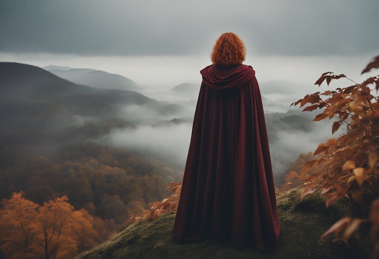 Two powerful figures, one with flowing red hair and the other with a cloak of leaves, stand on a misty hill overlooking a mystical landscape