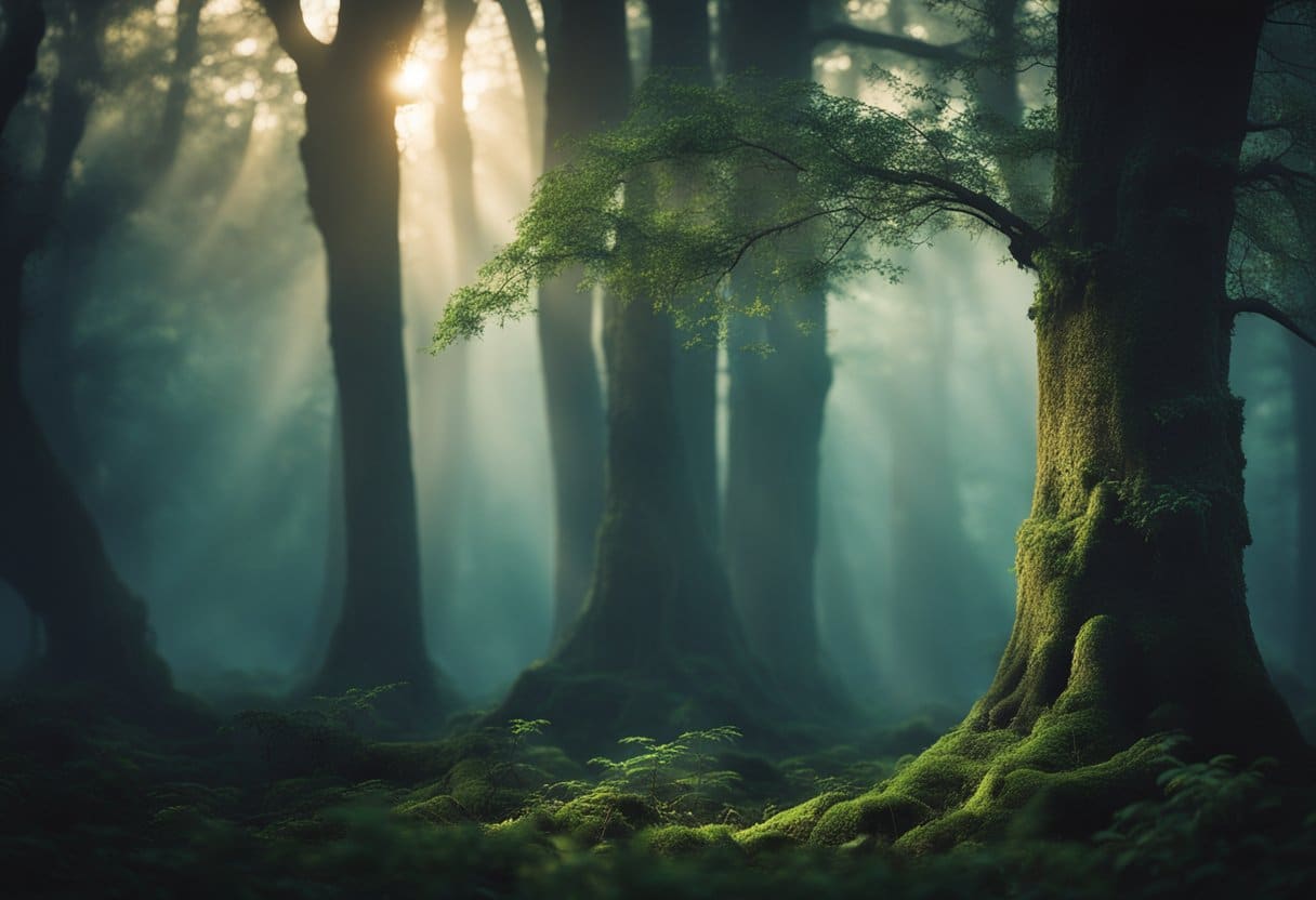 A mystical forest with ancient Celtic symbols carved into trees, surrounded by ethereal mist and illuminated by the soft glow of faerie lights