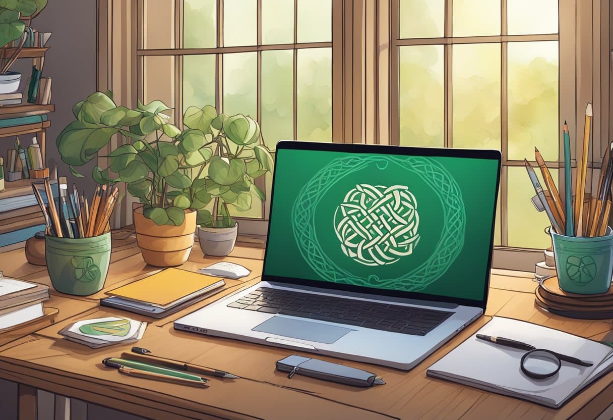 A laptop displaying Celtic craft tutorials, surrounded by art supplies and tools, with a cozy, well-lit workspace