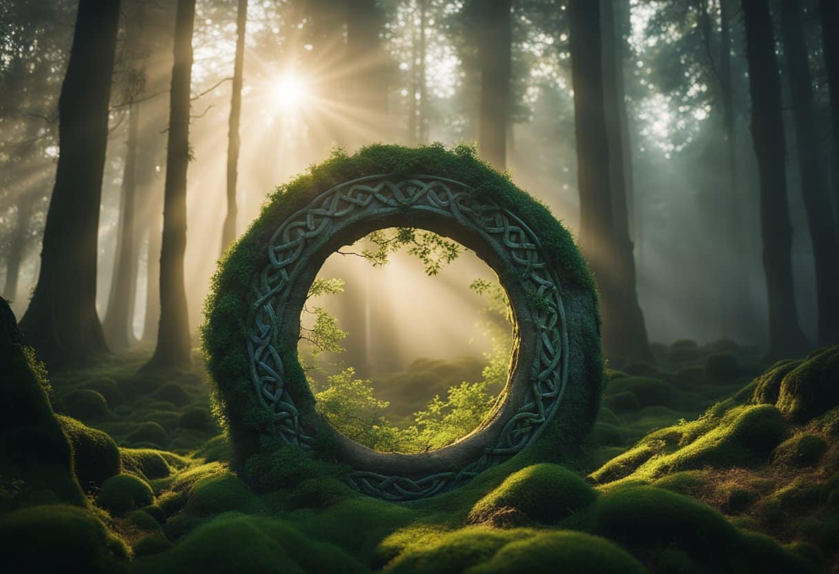 A mystical forest with ancient trees, swirling mists, and glowing faerie lights. A stone circle stands in the center, adorned with Celtic symbols