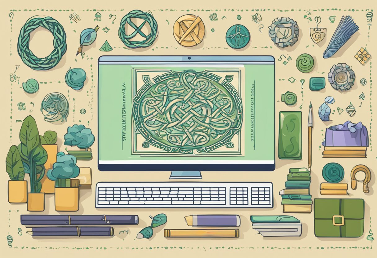 A computer screen displaying a webpage with the title "Frequently Asked Questions Celtic craft courses online" surrounded by Celtic symbols and traditional craft materials