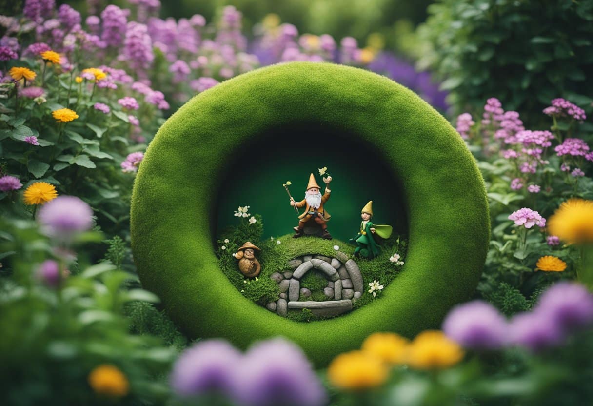 A lush green landscape with a mystical stone circle, a leprechaun's pot of gold, and a fairy dancing among the flowers