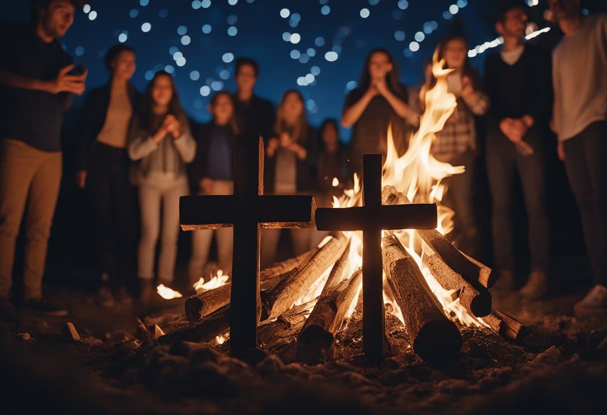 Imbolc - A bonfire blazes under a starry night sky, surrounded by people singing and dancing. Saint Brigid's crosses adorn the area, symbolizing protection and new beginnings