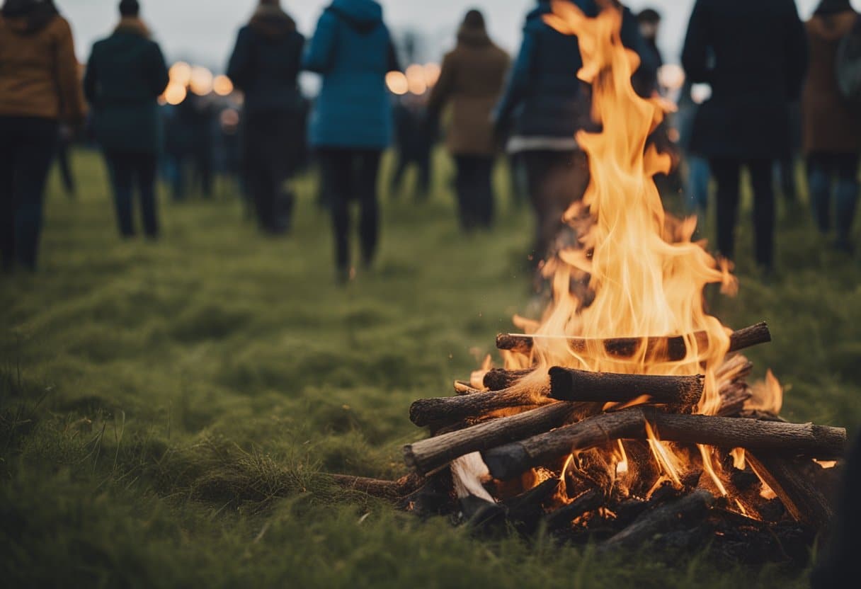 Imbolc - A bonfire blazes in a field, surrounded by people. The flames leap high, casting a warm glow on their faces as they celebrate Saint Brigid's Day in modern Ireland