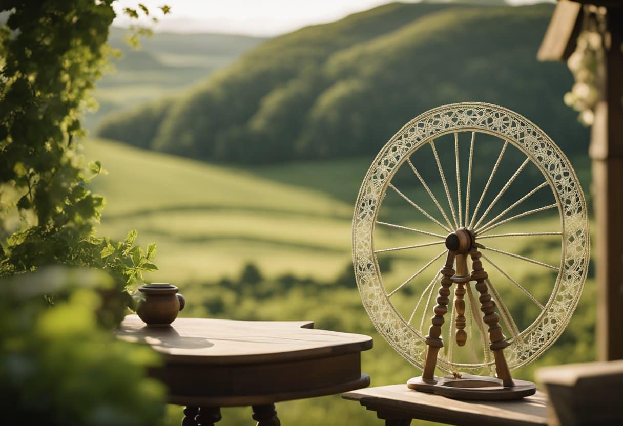 Irish Lace - A spinning wheel surrounded by delicate strands of Irish lace, with a backdrop of rolling green hills and a quaint cottage in the distance