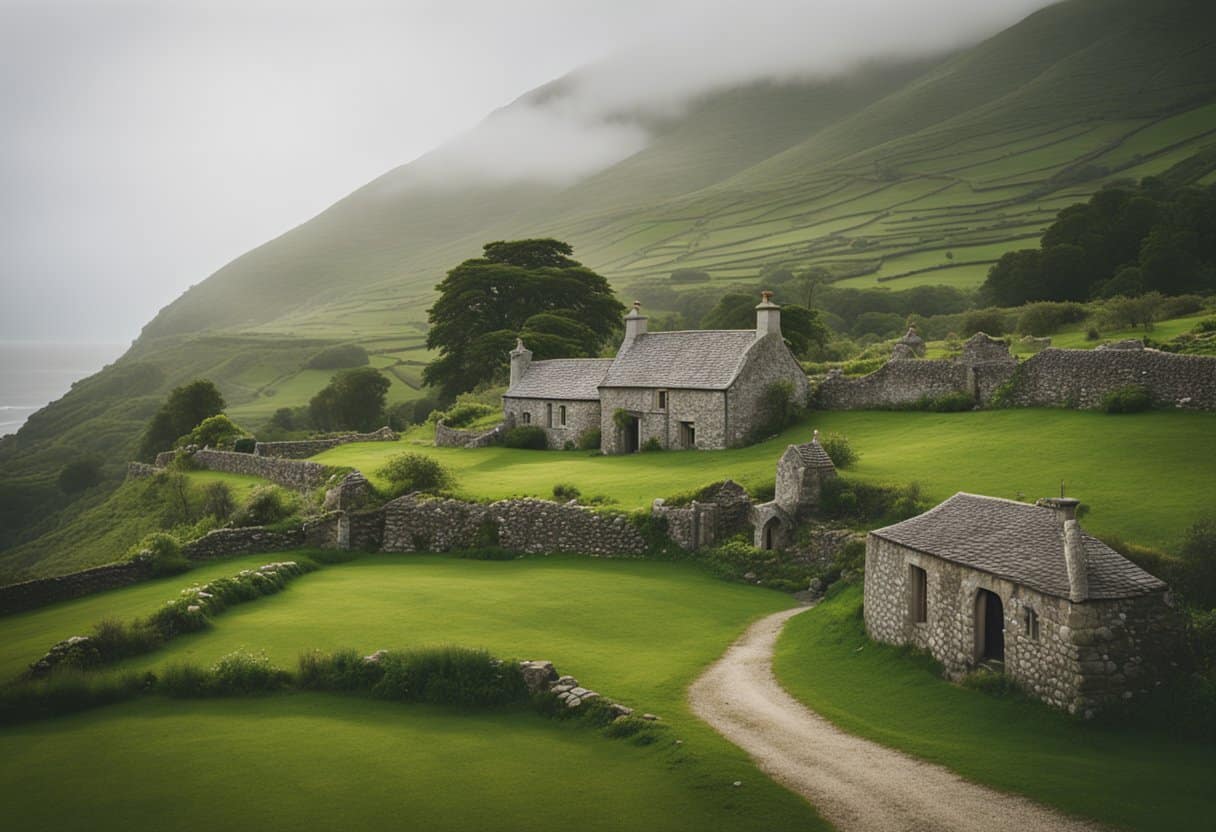 Irish Lace - A lush green landscape with ancient stone cottages, surrounded by rolling hills and a misty coastline. Delicate strands of intricate Irish lace weave through the air, evoking a sense of timeless magic and tradition