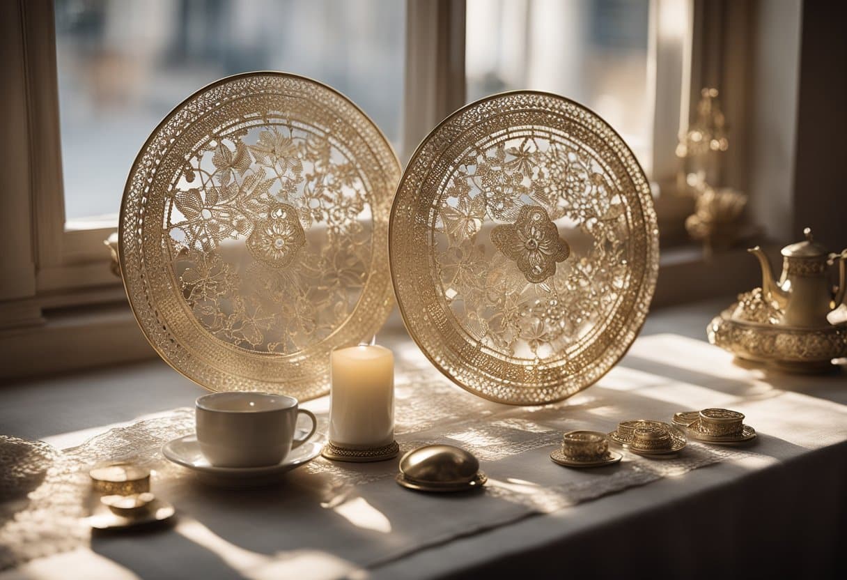 Irish Lace - A table adorned with intricate Irish lace, surrounded by historical artifacts and modern tools. Light filters through a nearby window, casting delicate shadows on the delicate lace patterns