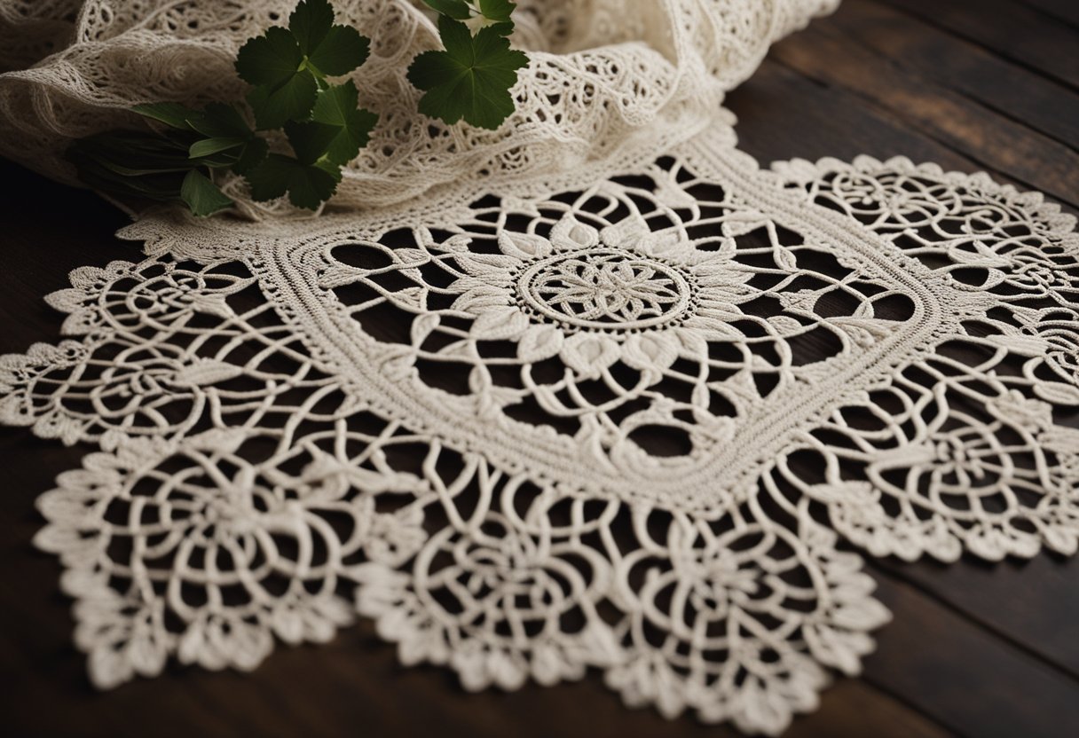 Irish Lace - A beautiful Irish lace shawl drapes over a rustic wooden table, adorned with traditional Celtic symbols and surrounded by folklore-inspired elements