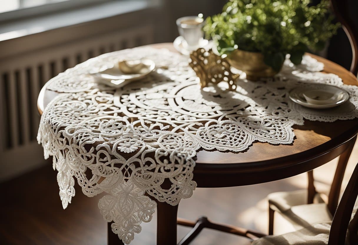 Irish Lace - A table adorned with intricate Irish lace, featuring motifs of shamrocks, Celtic knots, and Claddagh symbols. A vintage lace shawl draped over a chair, casting delicate shadows