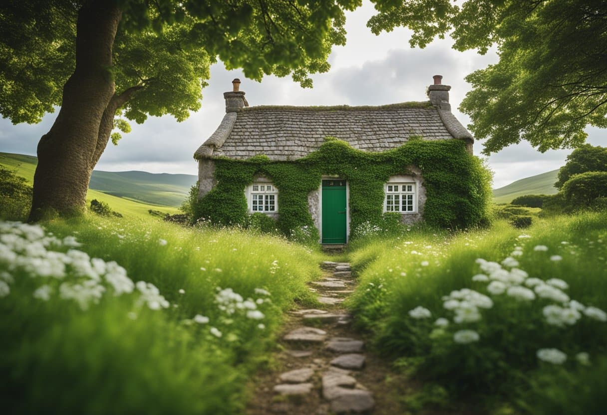 Irish Lace - Vibrant green landscape with ancient stone cottage, surrounded by intricate Irish lace patterns and traditional symbols