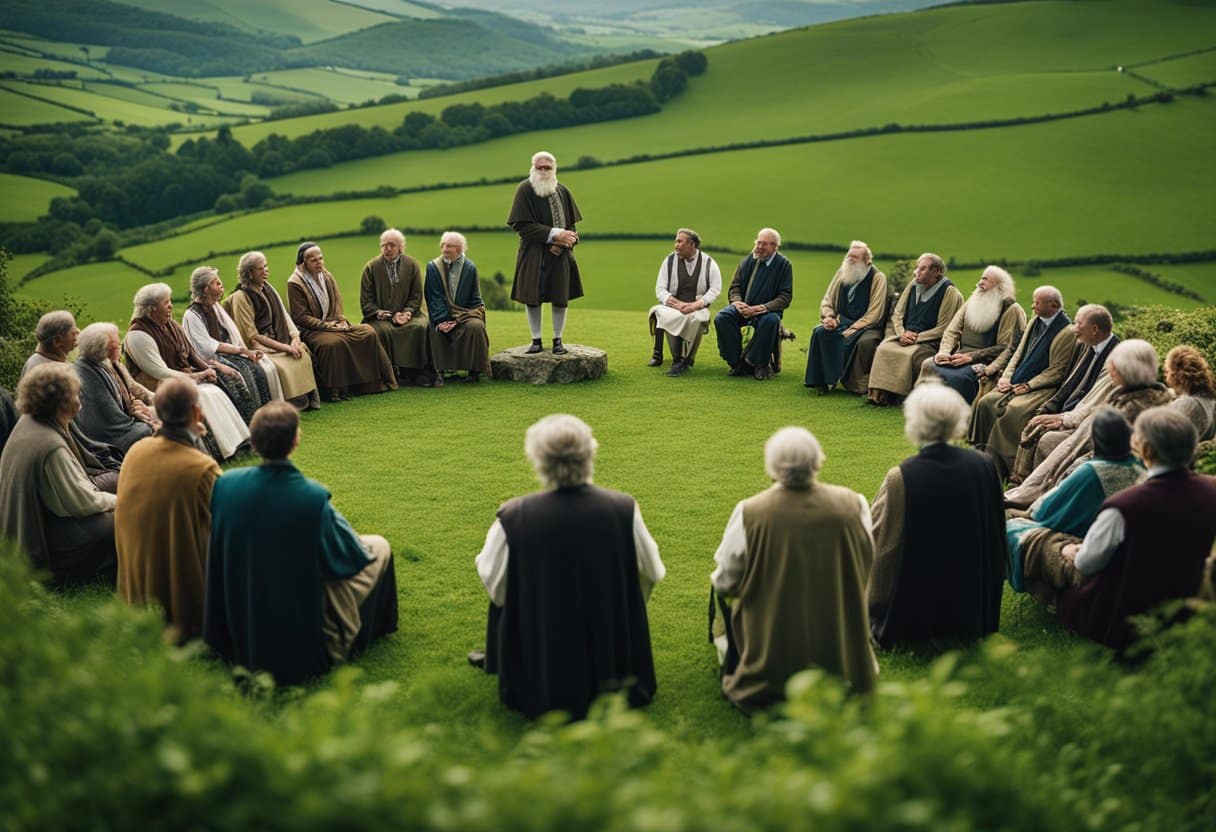 The Brehon Laws - A group of ancient Irish people gather in a circle, discussing laws and societal rules. A prominent figure stands at the center, addressing the crowd. The scene is set in a lush, green landscape with rolling hills in the background