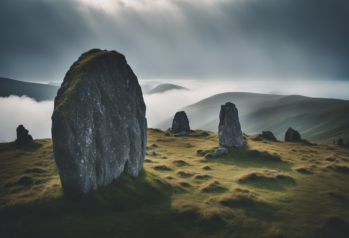 The Cailleach - A rugged landscape with ancient stone circles and a looming mountain, shrouded in mist. A sense of mystery and reverence surrounds the scene, evoking the legend of the Irish hag goddess, the Cailleach