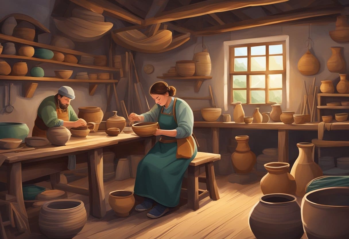 Artisans crafting pottery and weaving textiles in a cozy Irish workshop