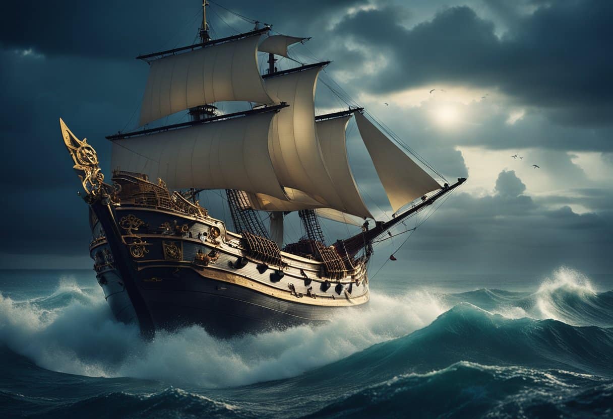 The Immram Tales - A mystical ship sails through stormy seas, guided by a glowing compass and surrounded by mythical creatures