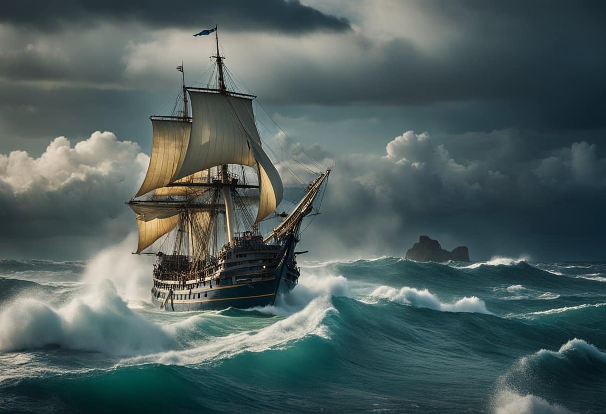 The Immram Tales - A ship sails through stormy seas, surrounded by mythical creatures and fantastical landscapes, as it embarks on a legendary voyage in Irish literature