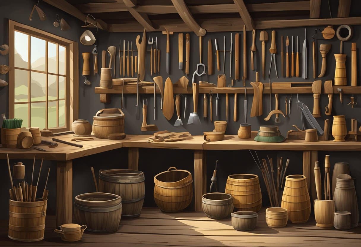 An array of traditional Irish craft tools and materials displayed in a rustic workshop setting