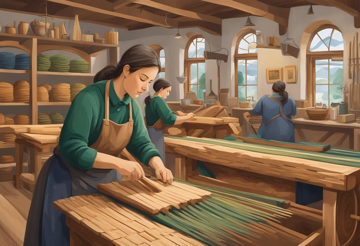 An Irish craft workshop buzzes with activity, as artisans expertly weave intricate patterns into traditional textiles. The air is filled with the rich scent of freshly cut wood as skilled hands carve and shape beautiful wooden pieces