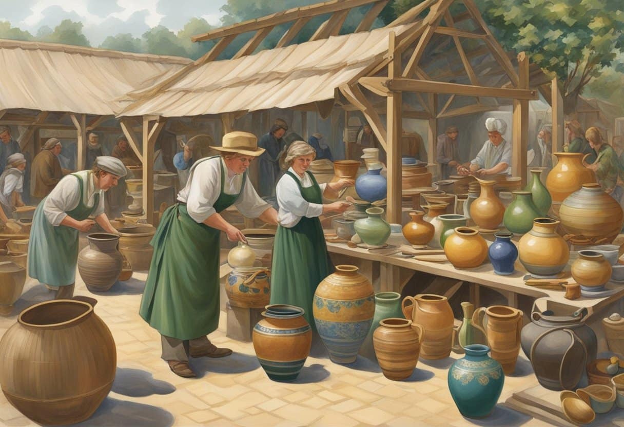A group of traditional Irish crafts, such as pottery, weaving, and glassblowing, being showcased at an international trade fair