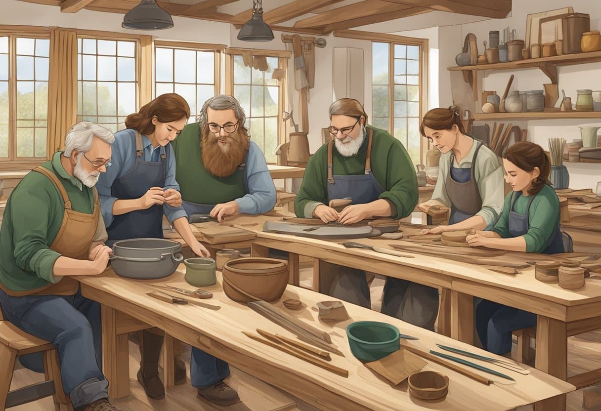 A group of people are gathered around a table, engaged in traditional Irish craft workshops. Tools and materials are spread out, with a focus on hands-on learning and skill-building