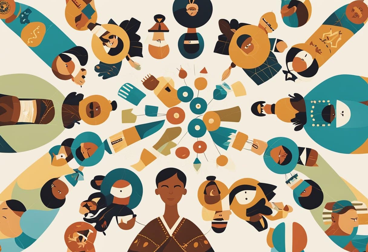 A circle of diverse people engage in language revitalization through storytelling, song, and traditional practices, surrounded by vibrant symbols of indigenous culture