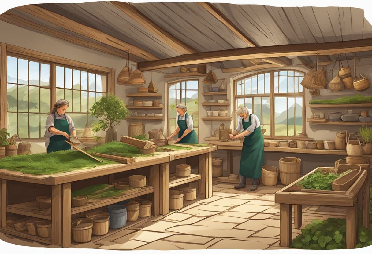 A traditional Irish craft workshop with sustainable materials and skilled artisans creating handmade products