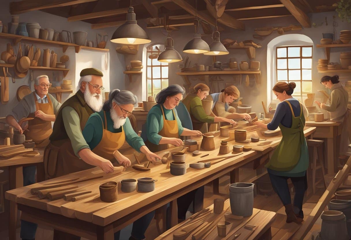 A group of people engaging in traditional Irish craft workshops, surrounded by tools and materials, with a lively and interactive atmosphere