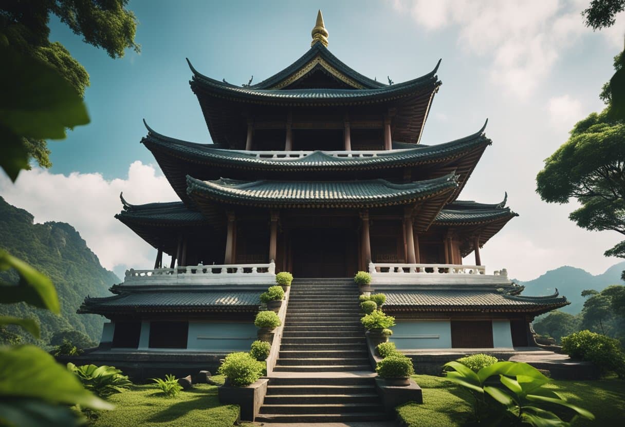 A serene landscape with a temple nestled among lush greenery, symbolizing the sacred and profane in cultural symbols