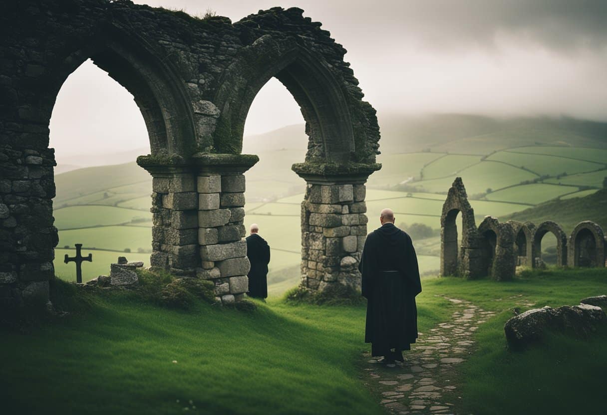 Monks whisper amidst ancient Irish ruins, surrounded by mist and mystery. Stone arches and Celtic crosses stand against a backdrop of rolling green hills