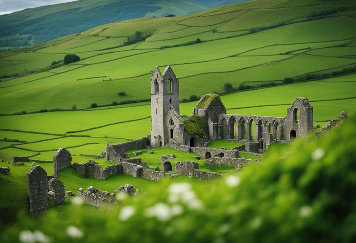 A stone abbey stands amidst rolling green hills, surrounded by ancient Celtic crosses and overgrown ruins. The whispers of monks and bishops linger in the air, carrying the legacy of Ireland's rich monastic history