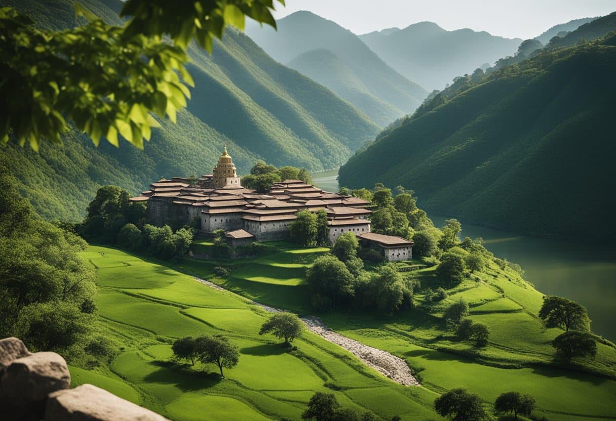A stone monastery nestled in lush green hills, surrounded by a tranquil river. The sun casts long shadows over the ancient buildings, as monks go about their daily rituals